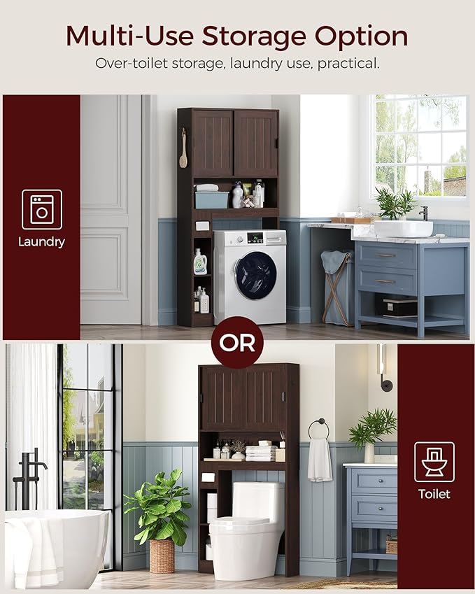 Over The Toilet Storage Cabinet, Farmhouse Storage Cabinet Over Toilet with Sliding Doors, Freestanding Bathroom Organizer with Adjustable Shelf, Space-Saving Toilet Rack, TSZB8001