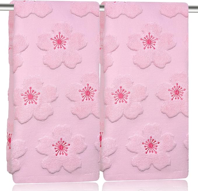 2pcs Cherry Blossom hand towels for bathroom Decorative Towels Set 100% Cotton Pink Jacquard Spring summer floral bath towels dish kitchen towels kitchen Bathroom Decor Gift(cherry blossom Pink)
