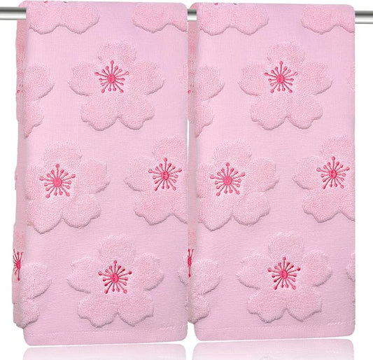 2pcs Cherry Blossom hand towels for bathroom Decorative Towels Set 100% Cotton Pink Jacquard Spring summer floral bath towels dish kitchen towels kitchen Bathroom Decor Gift(cherry blossom Pink)