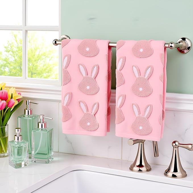 2pcs Easter Bunny Hand Towels Set 100% Cotton Soft Absorbent Spring Bathroom Hand Towels 14x29 Inch Cute Jacquard Easter Kitchen Decor Towels Holiday Kitchen Bathroom Decor Gift(Pink)