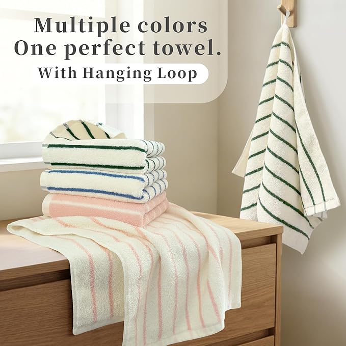 2-Pack Premium Stripe Cotton Hand Towels with Hanging Loop - 13x28 Inch, Medium Weight 420GSM, Ultra Absorbent, Daily Bathroom & Face Towels, Soft Comfortable Durable Pink Ground Beige Stripe Design