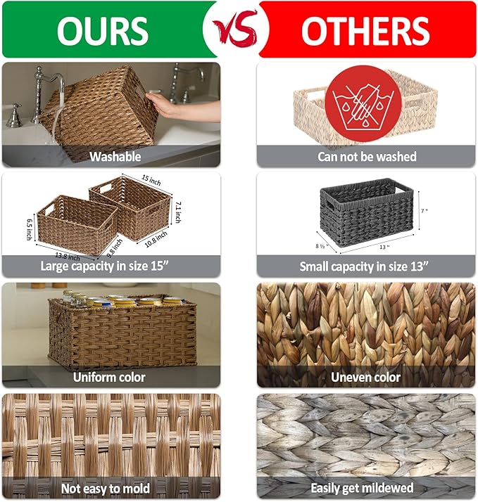 Wicker Baskets 2 Pack, Wicker Storage Basket with Handles, Waterproof Woven Baskets for Organizing, Large Storage Basket 15" and Medium 14", Brown