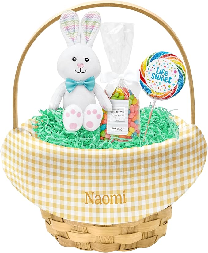 Let's Make Memories Personalized Easter Basket for Kids- For Boys - For Girls - Create Your Own - Fillable - Wicker - Easter Basket Stuffers - Large - Yellow Spring Gingham