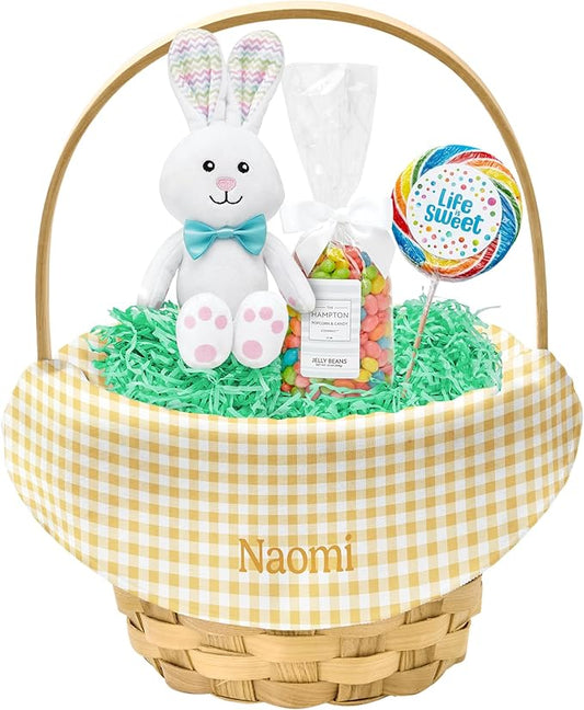 Let's Make Memories Personalized Easter Basket for Kids- For Boys - For Girls - Create Your Own - Fillable - Wicker - Easter Basket Stuffers - Large - Yellow Spring Gingham