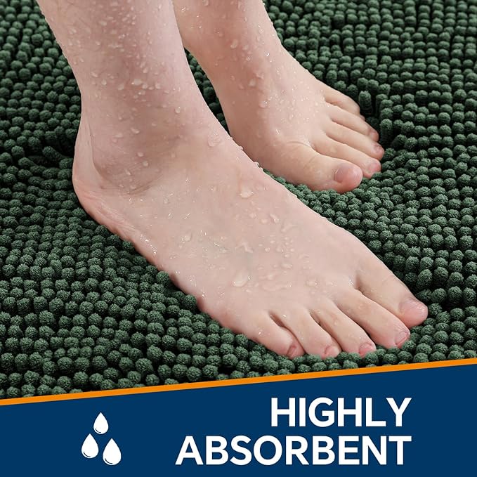 Hunter Green Bathroom Rugs 24"x36" - Plush Chenille Non-Slip Bath Mat - Absorbent, Washable, Soft and Thick Decor for Shower, Sink, Tub, Home Accessories