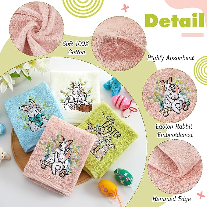 4 PCS Easter Towels Set 29" x 13" Cotton Embroidered Bunny Bathroom Hand Towel Colorful Retro Bunny Rabbit Decorative Soft Hand Towels Absorbent Set for Bunnies Housewarming Gifts