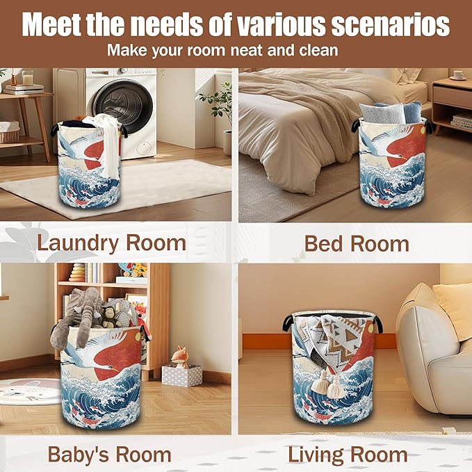 White Crane Laundry Baskets,Red Sun Japanese Wave Laundry Hamper,Storage Basket with Handles for Bathroom Bedroom College Dormitory Living Room Nursery Organizer 16"x20.8"