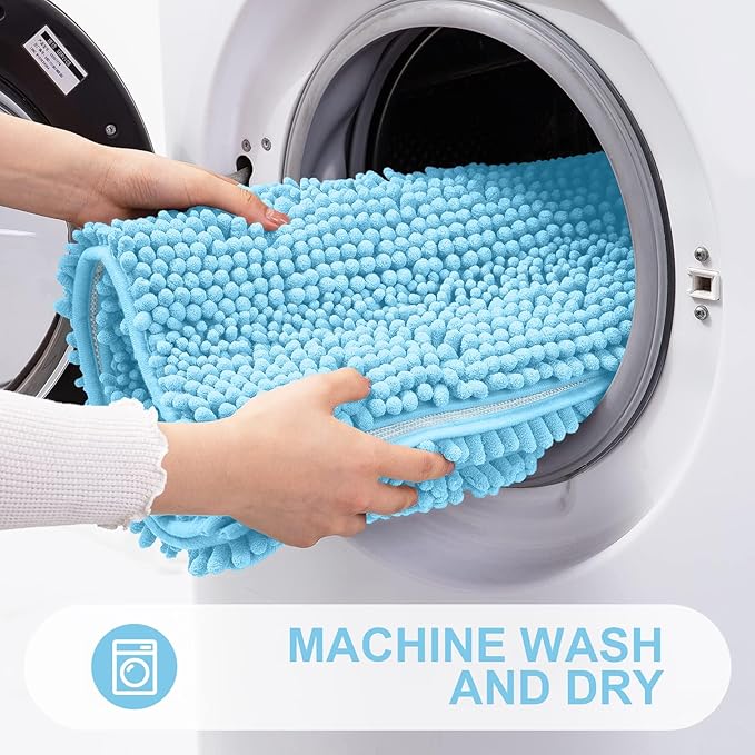 Grandaily Chenille Striped Toilet Rugs U-Shaped 24x20, Extra Soft and Absorbent Bathroom Rugs, Non-Slip Plush Shaggy Bath Rug, Machine Washable Contour Bath Mats for Toilet Base, Blue