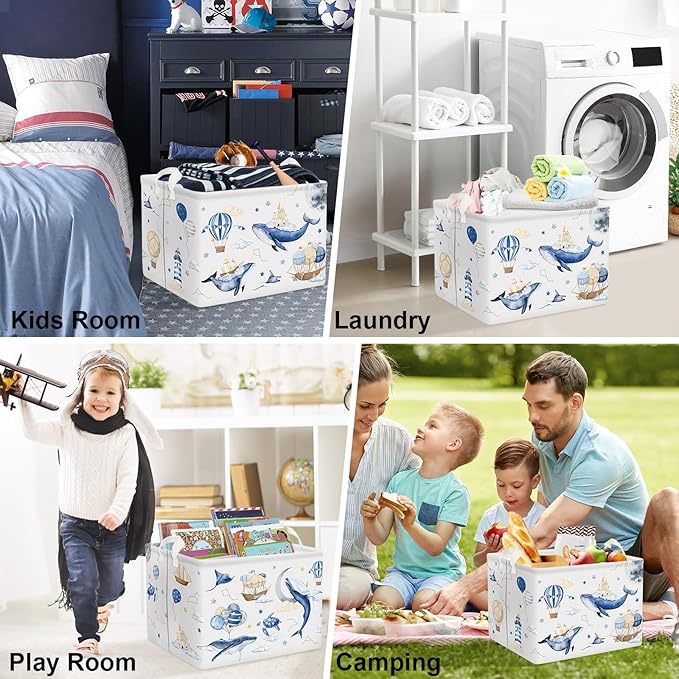 Clastyle Flying Whales Turtle Baby Storage Basket Large Sea Animal Boy Girl Book Gift Toy Bin Collapsible Bedroom Kid Clothes Nursery Hamper