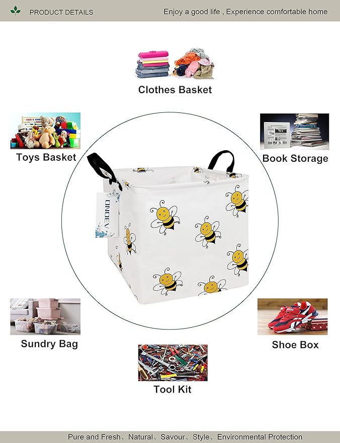 Square Folding Laundry Basket, Canvas Basket,Nersury Hamper,Suitable for Children,Office,Bedroom,Clothes,Toys Storage（Bee