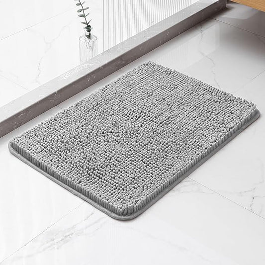 Gray Bathroom Rugs 17"x24" - Plush Chenille Non-Slip Bath Mat - Absorbent, Washable, Soft and Thick Decor for Shower, Sink, Kitchen, Tub, Home Accessories