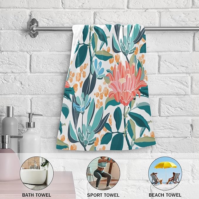 2 Pcs Teal Orange Boho Floral Hand Towels for Bathroom,Soft Absorbent Turquoise Blue Leave Coral Flower Dish Towels for Kitchen,Quick Dry Decorative Bathroom Towels for Face,Shower 14"x28"