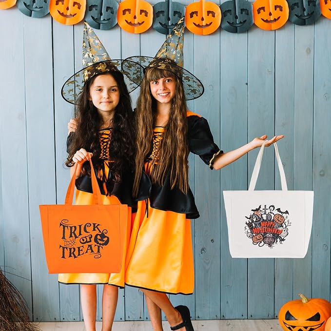 Halloween Basket Tote Bag Set of 2Candy Ice Basket Trick for Treat Bags Tote with Ornament for Candy Party Accessory (White & Pumpkin)
