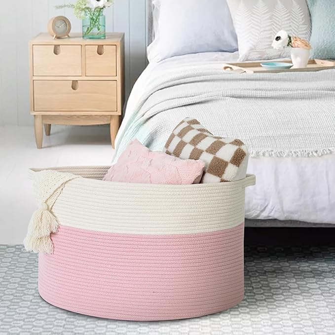 Pink Storage Baskets for Organizing, 22"X22"X14" XXXL Blanket Basket Living Room, Large Toy Basket, Soft Pink Cotton Rope Woven Baskets for Storage, Decorative Gifts Basket Bins for Nursery