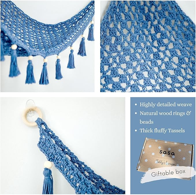 Macrame Toy Hammock for Stuffed Animals - Toy Hammock Net for Stuffed Animals Corner, Blue Nursery Decor, Plush Hammock, Hanging Stuffed Animal Organizer, Deep Sea Blue