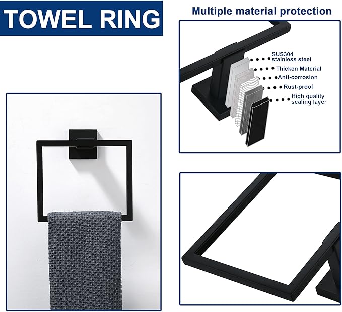 5 Pieces Bathroom Hardware Accessories Set Matte Black, 24Inch Square Towel Racks Set for Bathroom, SUS304 Stainless Steel Towel Bar Set, Toilet Paper Holder with Shelf Wall Mounted
