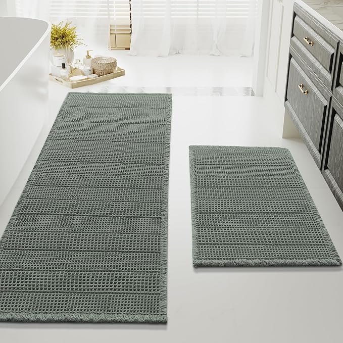 H.VERSAILTEX Waffle Bath Mat Super Absorbent Bathroom Mats Non Slip Bath Rugs for Bathroom Floor Machine Washable Ultra Soft Bathroom Rugs for Beside Tub, (32 x 20 Plus 24 x 60 - Inches, Lichen)