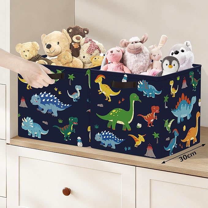 Clastyle 3 pcs Dinosaur Cube Storage Unit Bin with Metal Frame Volcano Kallax Box for Shelves Parents Closet Organizer Basket for Book Clothes Toy Organizer, Black, 11.8x11.8x11.8 in