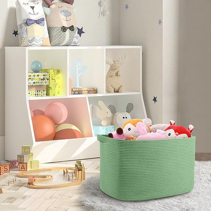 Large Green Baskets for Organizing, 23.6" x 17" x 12" Rectangle Blanket Holder Organizer, Kids Toy Storage Bins, Woven Rope Storage Basket, Green Home Decor Basket, Baby Nursery Storage
