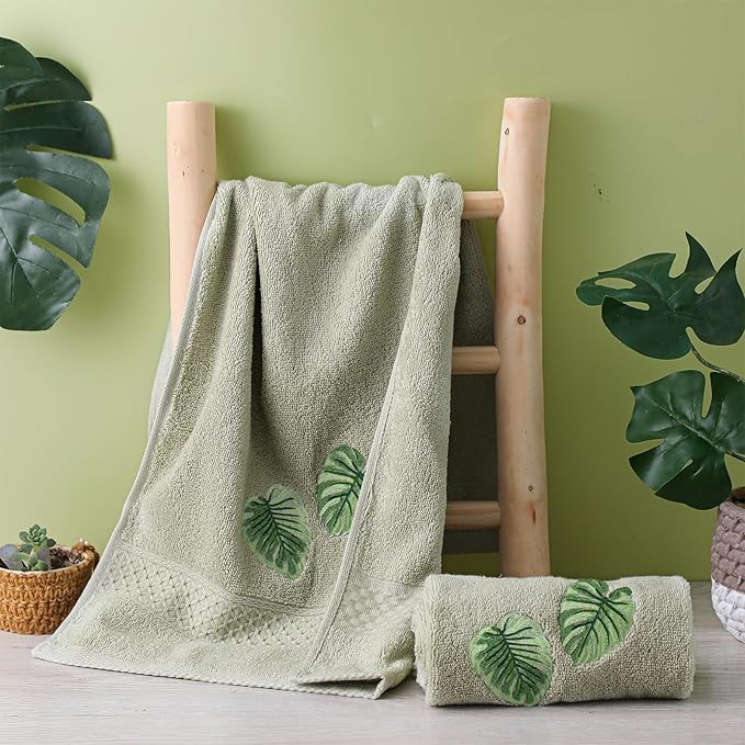 2 Pcs Tropical Palm Leaves Hand Towels Gray Green Bathroom Decor 14x29 Inch Embroidered 100% Cotton Soft Absorbent Spring Summer Washcloths Decorative Hand Towels for Bathroom Kitchen