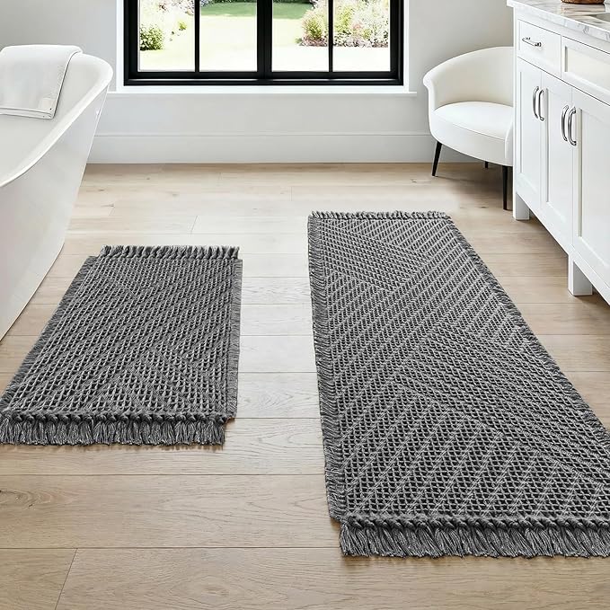 H.VERSAILTEX Waffle Bath Mat Super Absorbent Boho Bath Mat Non Slip Bath Rugs for Bathroom Floor Machine Washable Dry Fast Bathroom Rugs with Tassels (47 x 17 Plus 17 x 24 Inches, Gray)