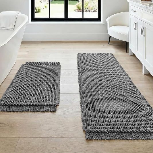 H.VERSAILTEX Waffle Bath Mat Super Absorbent Boho Bath Mat Non Slip Bath Rugs for Bathroom Floor Machine Washable Dry Fast Bathroom Rugs with Tassels (47 x 17 Plus 17 x 24 Inches, Gray)