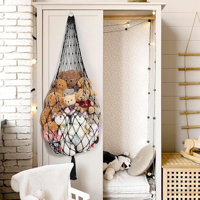 Stuffed Animal Hammock Corner Hanging Net for Stuffy Animal Storage Macrame Toy Display Plushie Toy Holder-Perfect for The Tiny Space Walls, Kid Bedroom Decor Playroom Organizer (Black XL)