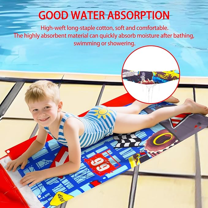 Hooded Beach Towels for Kids - Ultra Soft 100% Cotton Big Truck Toddler Hood Bath Towels/Pool Terry Towel Beach Poncho Wrap Absorbent Cute Bath & Swim Wrap Gift for Boys & Girls 3-10 Years - Blue