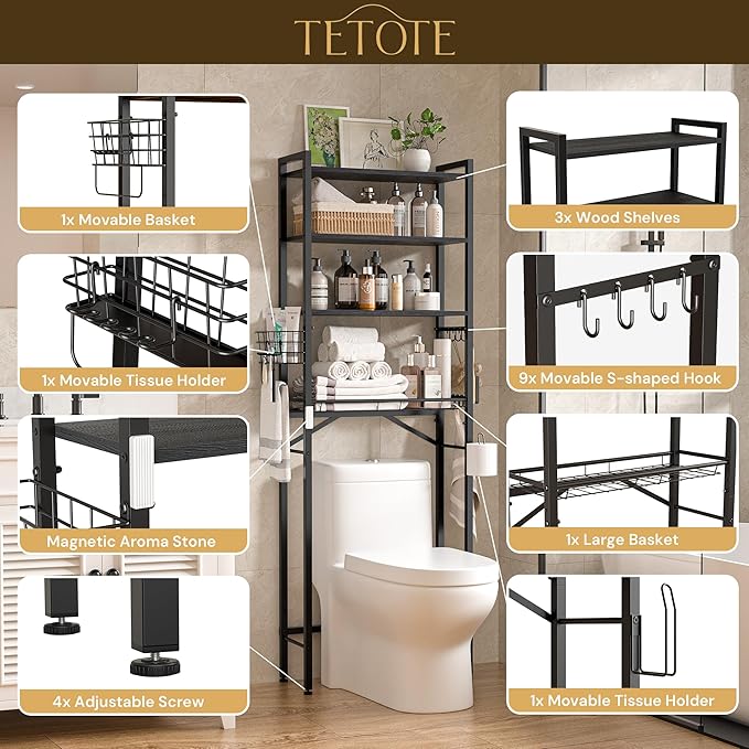 TETOTE Over Toilet Bathroom Organizer, 4-Tier Bathroom Over The Toilet Storage with Adjustable Shelf and Basket, Freestanding Space Saver Bathroom Shelves Above Toilet for Room(Black)