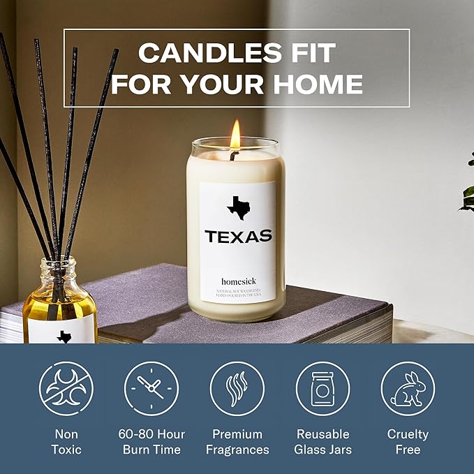 Homesick Scented Candles for Home (Texas) - 13.75 oz Long-Lasting Soy Wax Jar Candle for Women & Men for All Occasions, 60-80 Hours Burn Time - Notes of Pine Needles & Lime