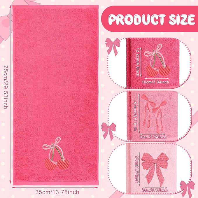 3 Pcs Pink Hand Towels for Bathroom Coquette Bow Embroidered Decorative Towel 100% Cotton Soft Absorbent Kitchen Facecloth Preppy Bathroom Decor Bridal Shower Wedding Gift 13.7 x 29.5''