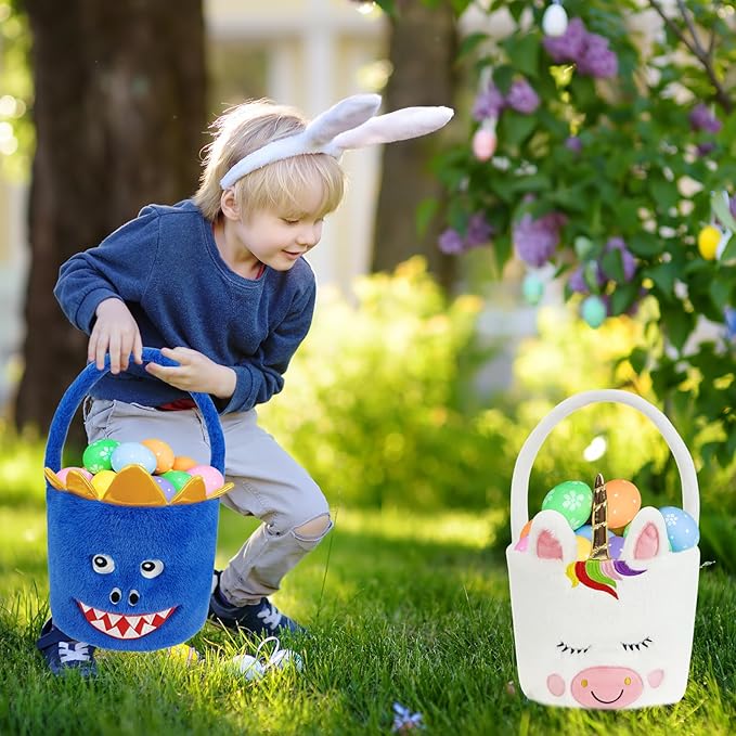 DearSun 2 Pcs Easter Basket Dinosaur & Unicorn Plush Baskets, Easter Egg Hunting Basket for Kids Gifts Party Decoration Supplies, Dia 8" * H 15.7"