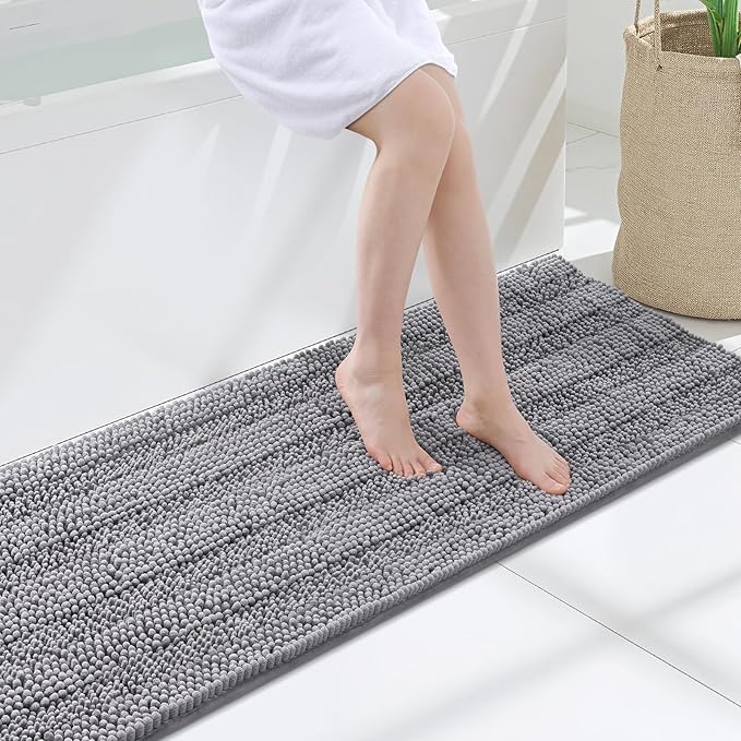 Grandaily Chenille Striped Bathroom Rugs 59x24, Extra Thick and Soft Absorbent Bath Mats, Rubber Backing, Plush Shaggy Shower Carpet, Machine Wash Dry, Bath Rug for Bathroom, Grey