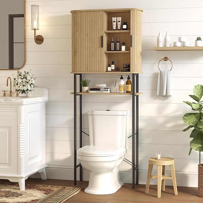 Over The Toilet Storage Cabinet with 2 Sliding Doors, Adjustable Shelf Bathroom Organizers and Storage with Anti-Tip Device, Waterproof, Space Saver for Bathroom, Restroom, Laundry, Natural