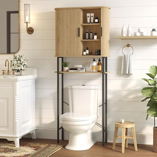 Over The Toilet Storage Cabinet with 2 Sliding Doors, Adjustable Shelf Bathroom Organizers and Storage with Anti-Tip Device, Waterproof, Space Saver for Bathroom, Restroom, Laundry, Natural