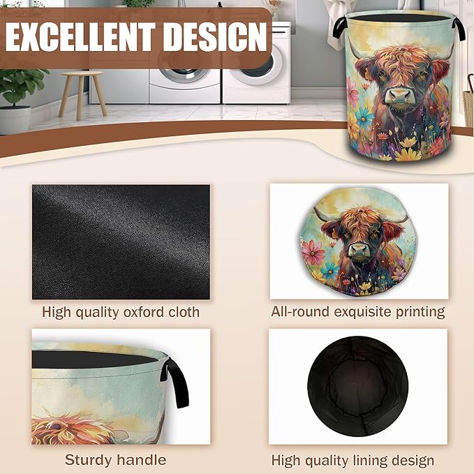 Highland Cow Laundry Basket,Spring Flowers Watercolor Laundry Hamper Waterproof Oxford Cloth Tote Collapsible,Clothes Storage Bucket Decorative Toy Organizer For Bathroom Bedroom 16" x 20.8"