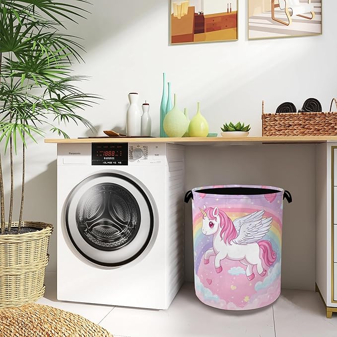Cute Unicorn Laundry Basket,Rainbow Foldable with Handles Tote Bag Oxford Cloth for Bathroom Bedroom Dirty Clothes Storage Bucket 16" x 20.8"