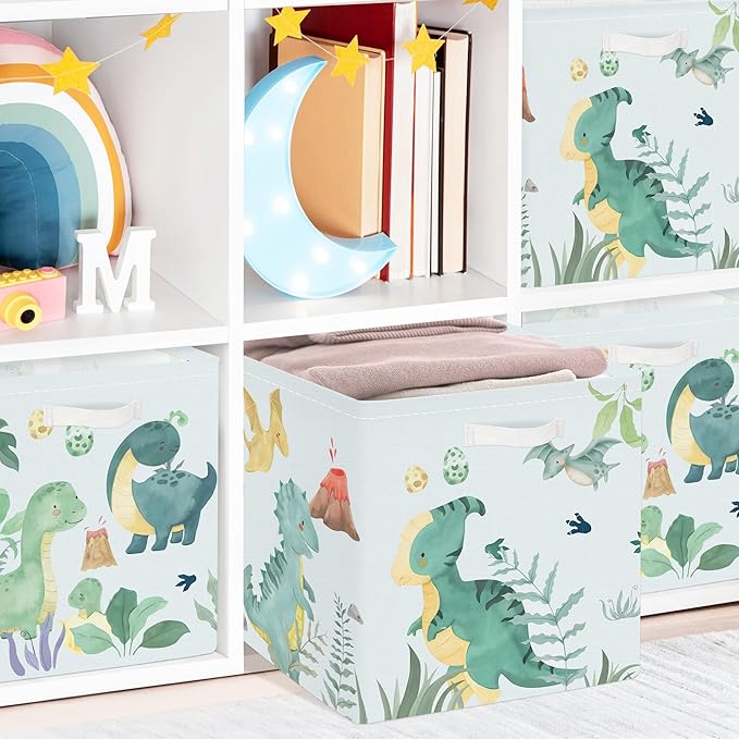 Clastyle 3 pcs Dinosaur Cube Storage Unit Boxes Volcano Kallax Box for Shelves Parents Storage Baskets for Book Clothes Toy Organizer, Volcanoes, 11.8x11.8x11.8 in