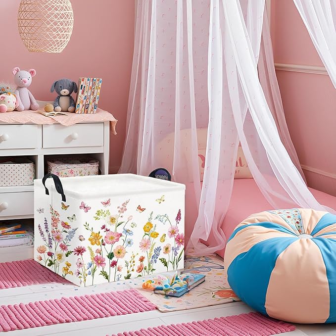 Rectangular Baby Girls Basket Kids Baby Storage Basket Cute Storage Bin Organizer Shelf Book Flower Room Decor(Butterfly Flower)
