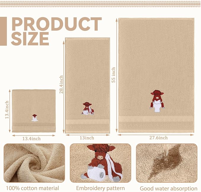 3 Pcs Highland Cow Bathroom Towel Set Farmhouse Embroidered Highland Cow Towels Vintage Decorative 100% Cotton Bath Towel Highly Absorbent Funny Decor Set for Bathroom
