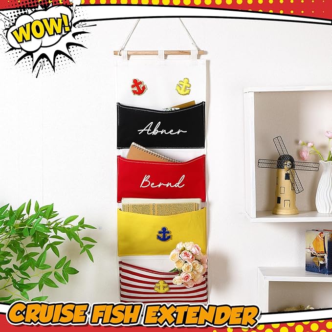 Fish Extender Cruise Gift Hanging Organizer with 4 Pockets and Iron on Anchor Patch Cabin Door Storage Bag 2026 Fe for Cruise Essentials Exchange Gift Pixie Dusting(Red,Blue,Black,Yellow)