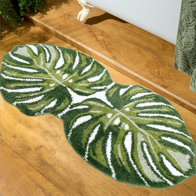 Green Bathroom Rug - Leaf Bath Mat Large Monstera Bath Rugs Non Slip Washable Bathrug for Bathroom Floor, Cute Bathmat Restroom Rug, Plant Absorbent Bath Mats Botanical Home Decor 24" x 51"