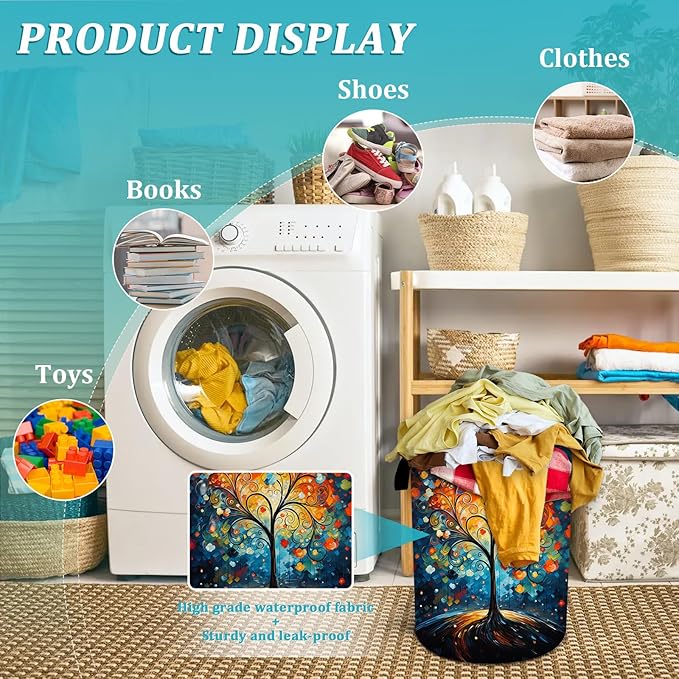 Colorful Love Tree Laundry Basket, Foldable Waterproof Oxford Cloth Spring Laundry Hamper Funny Tote Bag Dirty Clothes Storage Bucket Toy Organizer for Bathroom/Laundry/Bedroom 15.7"x19.6"