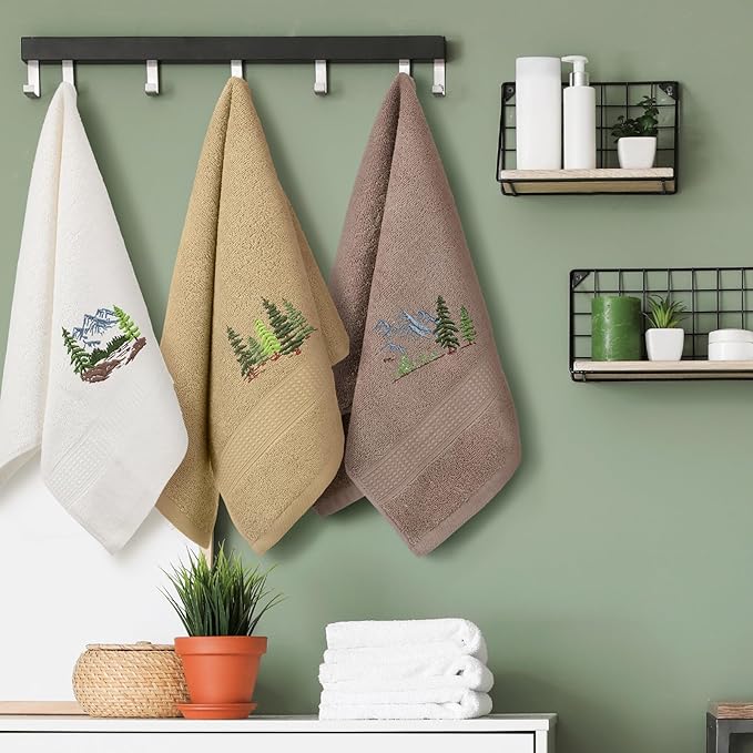 3 Pcs Mountain Hand Towels Farmhouse Decorative Bathroom Towels Set 13.3 x 29.5'' Rustic Pine Trees Country Cabin Lake House Forest Embroidered 100% Cotton for Home Bathroom Kitchen Decor