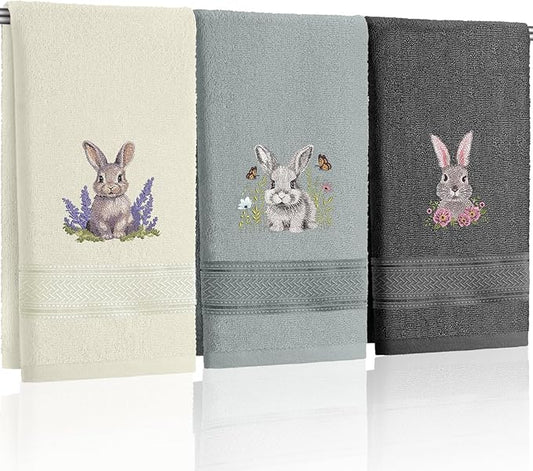 3 Pack Easter Bunny Hand Towels Farmhouse Gray Bathroom Decor 13.4 x 29.2 Inch 100% Cotton Embroidered Spring Decorative Towels Absorbent Soft for Hand Drying Cleaning Gift