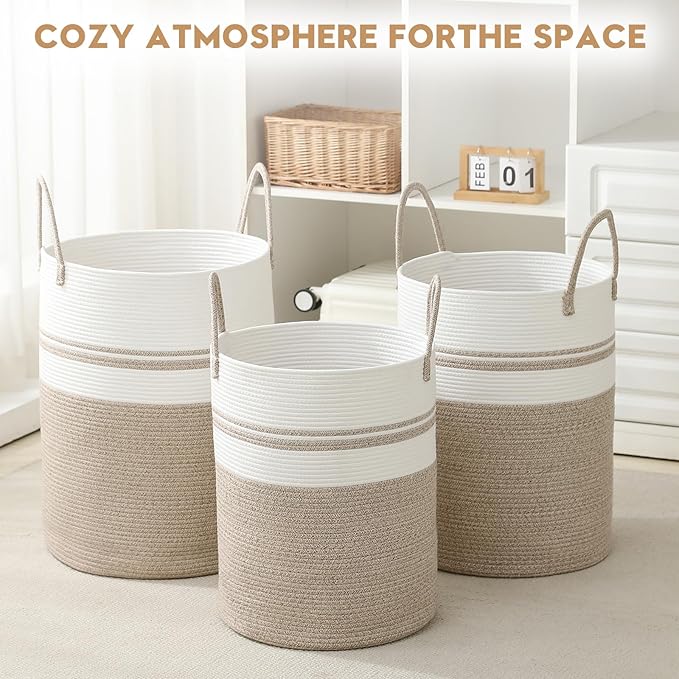 Woven Laundry Hamper Tall Rope Storage Basket for Blanket oys Dirty Clothes in Living Room Bathroom Bedroom (Brown&White, 80L/21.3Gal)