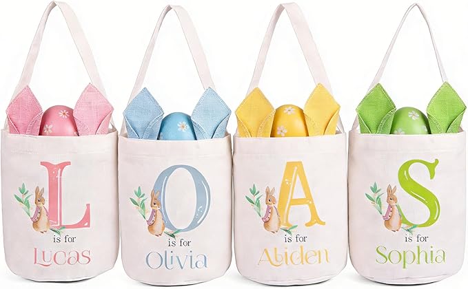 Personalized Name Easter Basket, Bunny Basket for Kids, Easter Bunny Bag for Boys Girls, Egg Hunt Bucket, Party Favors (Style C)