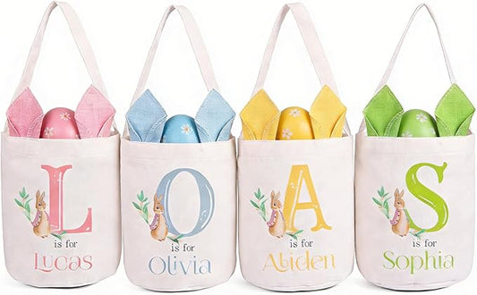 Personalized Name Easter Basket, Bunny Basket for Kids, Easter Bunny Bag for Boys Girls, Egg Hunt Bucket, Party Favors (Style C)