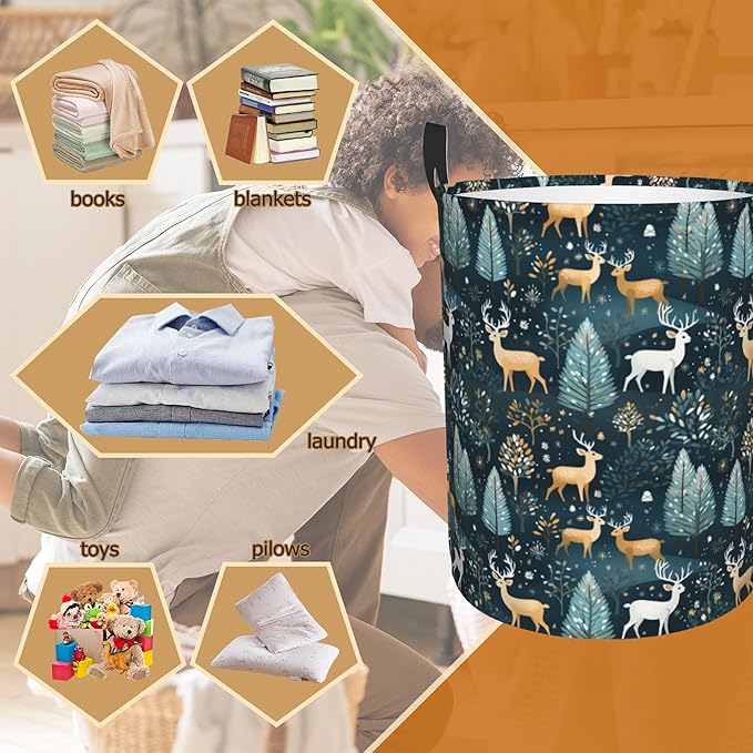 Christmas Deer Laundry Basket,Forest Trees Foldable Laundry Hamper Waterproof Oxford Cloth Tote Bag,Clothes Storage Bucket Decorative Toy Organizer For Bathroom Bedroom 16" x 20"