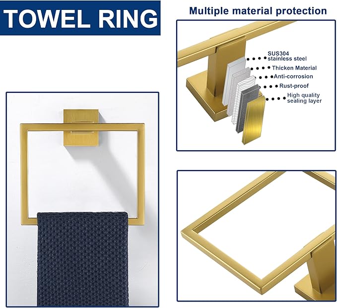 5 Pieces Bathroom Hardware Accessories Set Brushed Gold, 24Inch Bathroom Towel Rack Set SUS304 Stainless Steel, Square Toilet Paper Holder with Shelf Heavy Duty, Wall Mounted